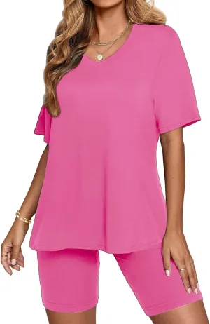 2 Piece Outfits for Women Oversized V Neck T-Shirt Tops and Biker Shorts Sports Workout Tracksuit Casual Lounge Sets