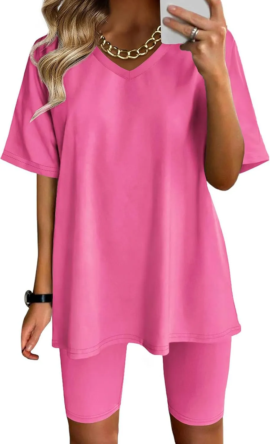 2 Piece Outfits for Women Oversized V Neck T-Shirt Tops and Biker Shorts Sports Workout Tracksuit Casual Lounge Sets