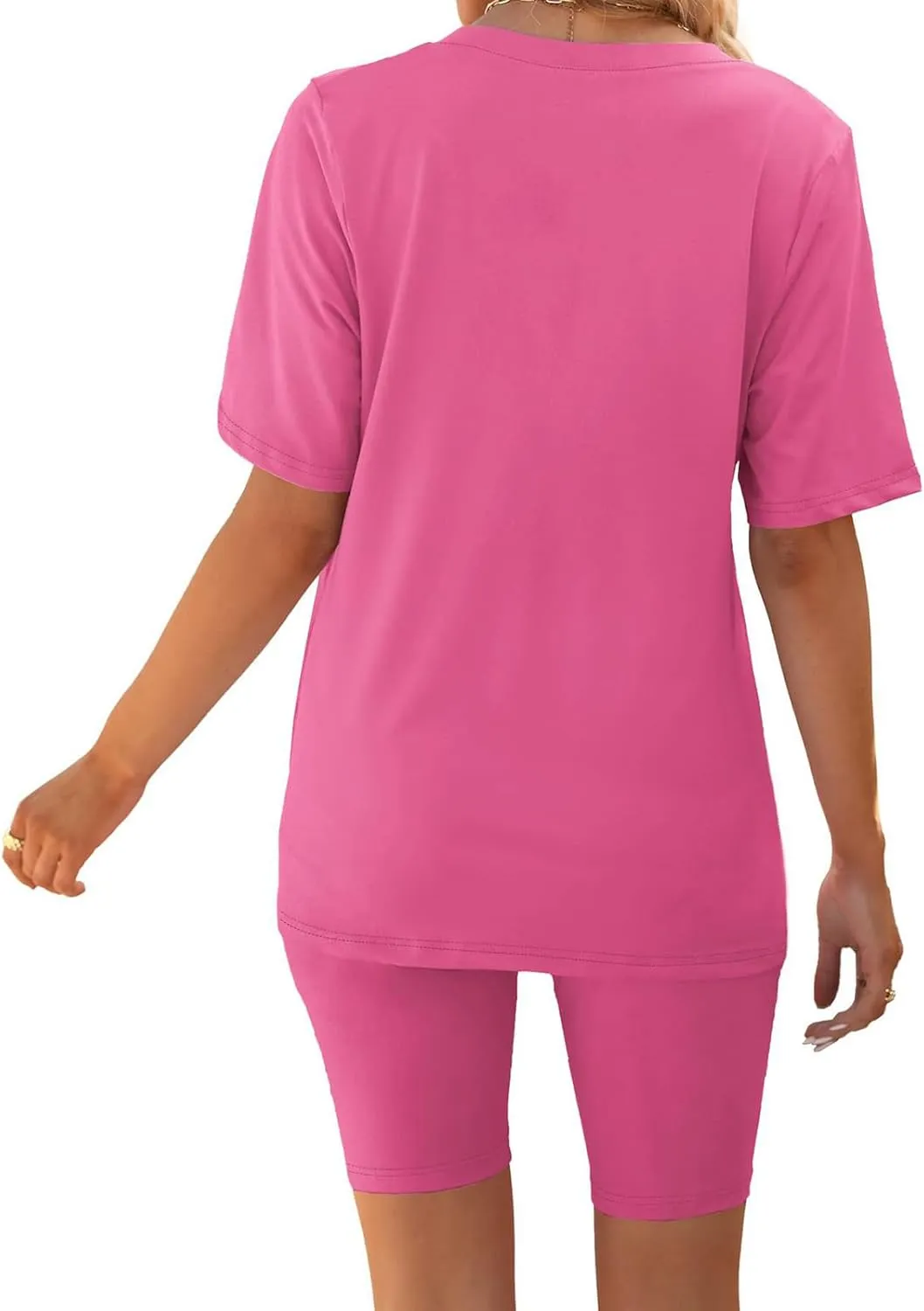 2 Piece Outfits for Women Oversized V Neck T-Shirt Tops and Biker Shorts Sports Workout Tracksuit Casual Lounge Sets