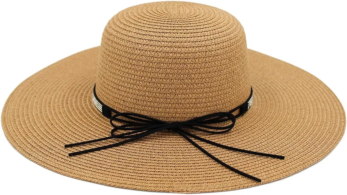 4.5" Wide Brim Foldable UPF50 Rhinestone Trim Floppy Summer Straw Sun Beach Hat