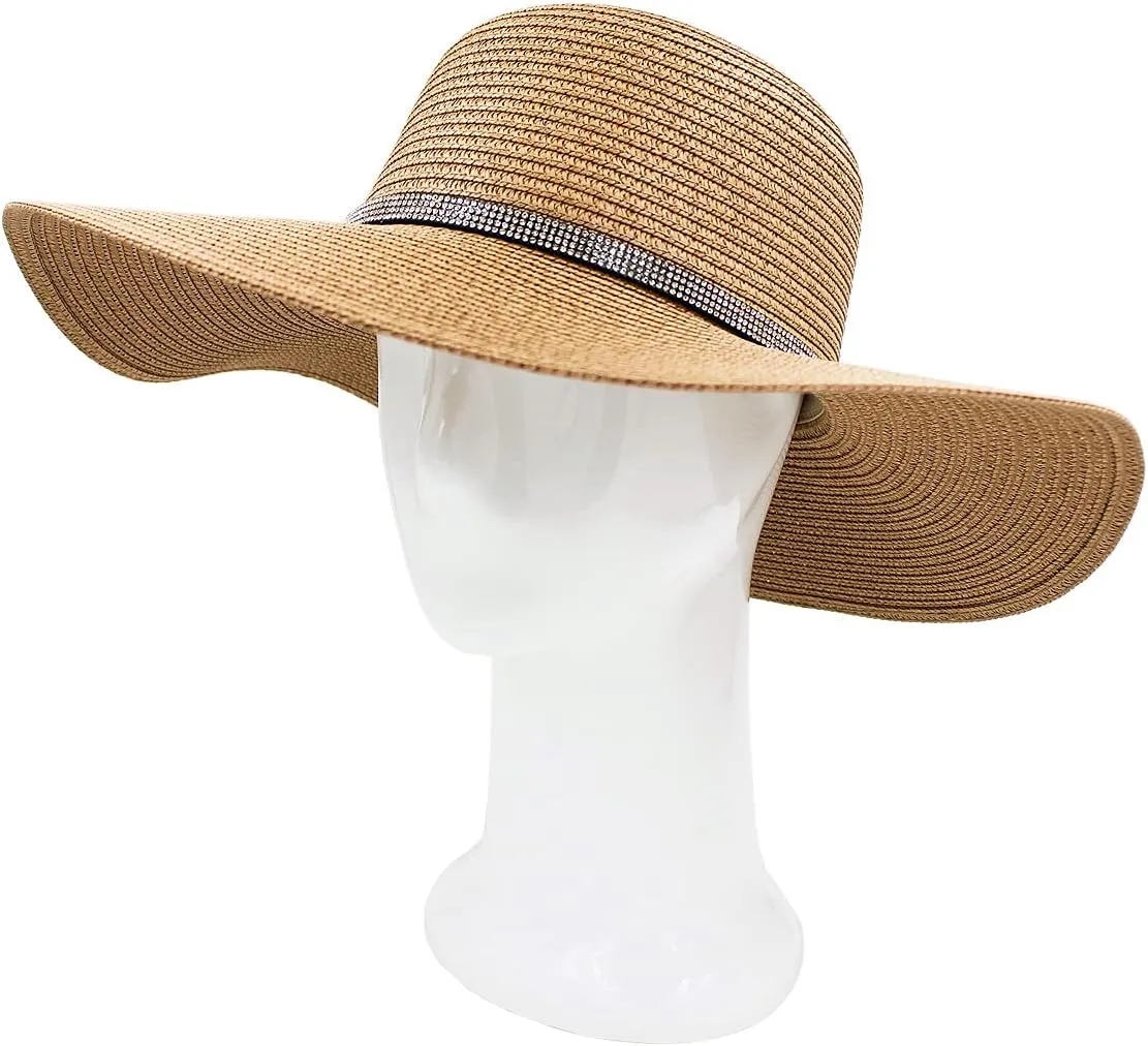 4.5" Wide Brim Foldable UPF50 Rhinestone Trim Floppy Summer Straw Sun Beach Hat