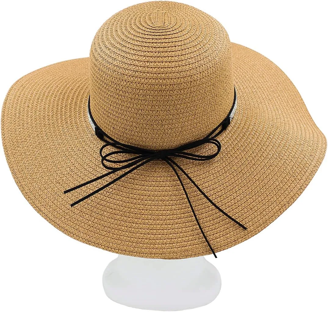 4.5" Wide Brim Foldable UPF50 Rhinestone Trim Floppy Summer Straw Sun Beach Hat