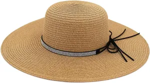 4.5" Wide Brim Foldable UPF50 Rhinestone Trim Floppy Summer Straw Sun Beach Hat
