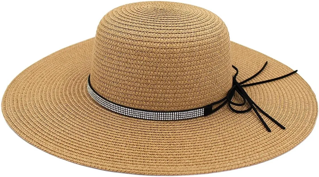 4.5" Wide Brim Foldable UPF50 Rhinestone Trim Floppy Summer Straw Sun Beach Hat