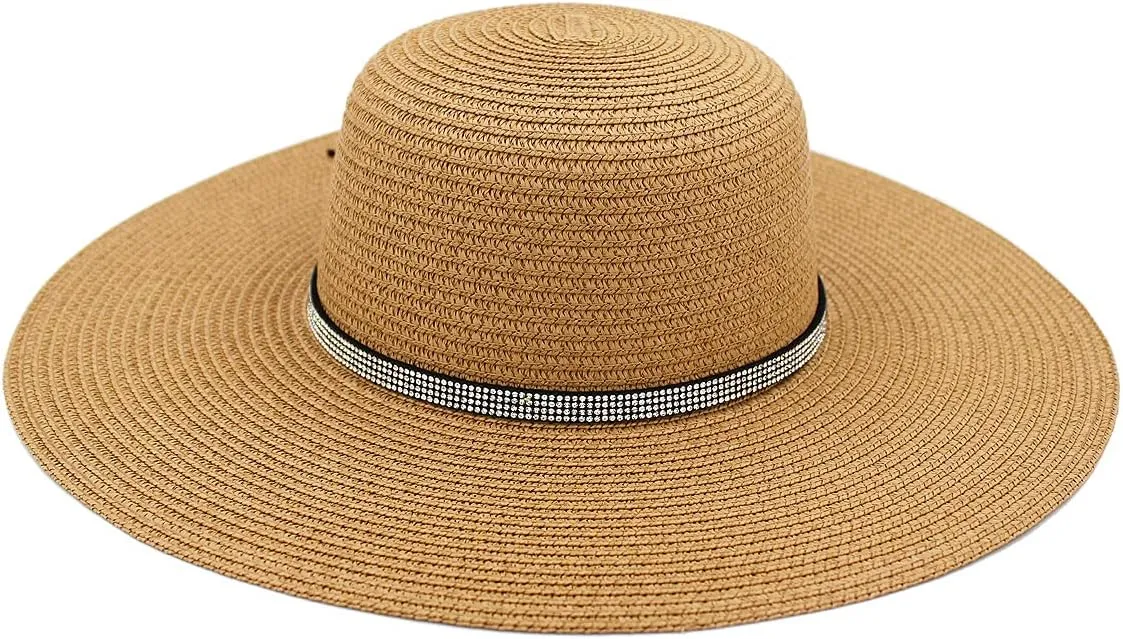 4.5" Wide Brim Foldable UPF50 Rhinestone Trim Floppy Summer Straw Sun Beach Hat