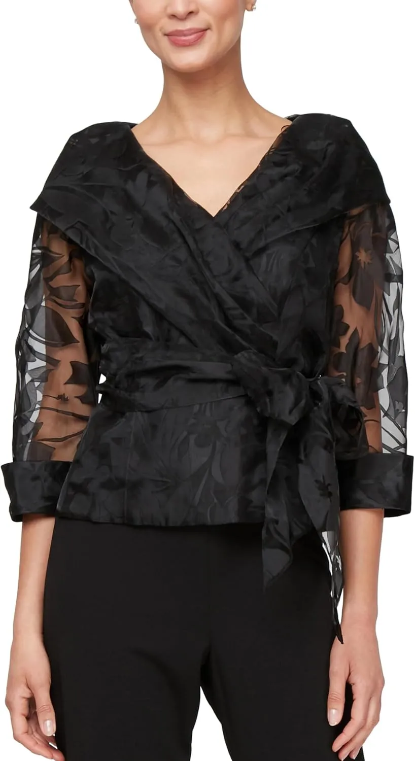 Alex Evenings Women's Portrait Collar Organza Blouse with Illusion Sleeves and Tie Belt