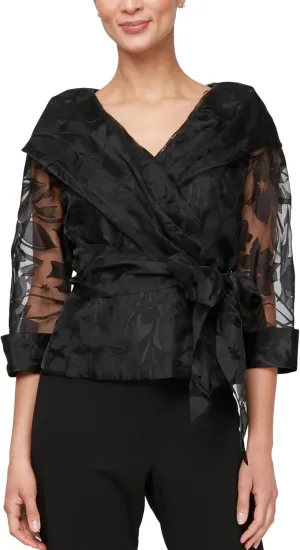 Alex Evenings Women's Portrait Collar Organza Blouse with Illusion Sleeves and Tie Belt