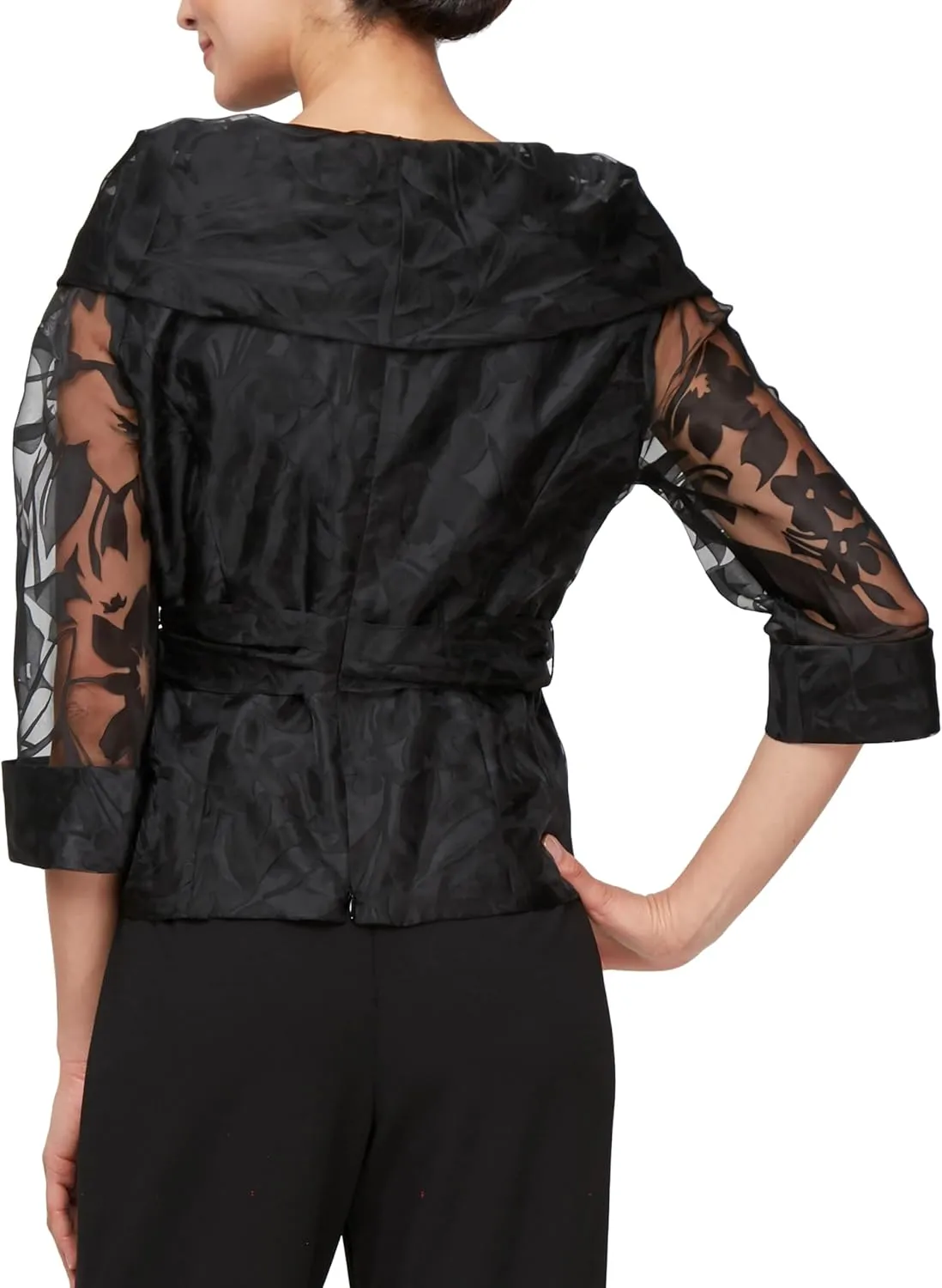 Alex Evenings Women's Portrait Collar Organza Blouse with Illusion Sleeves and Tie Belt