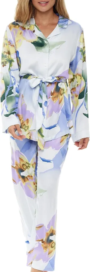 Alexander Del Rossa Women's Front Tie Pajamas Lounge Set, Long Sleeve Top and Pants, Silky Pjs Floral Flowers