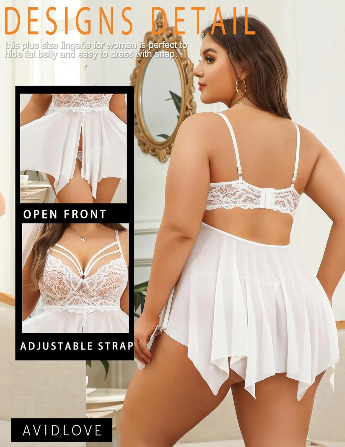 Avidlove Babydoll Lingerie for Women Strappy Nightdress Sexy Nightgowns Bridal Chemise Plus Size Lace Langeray L-4XL