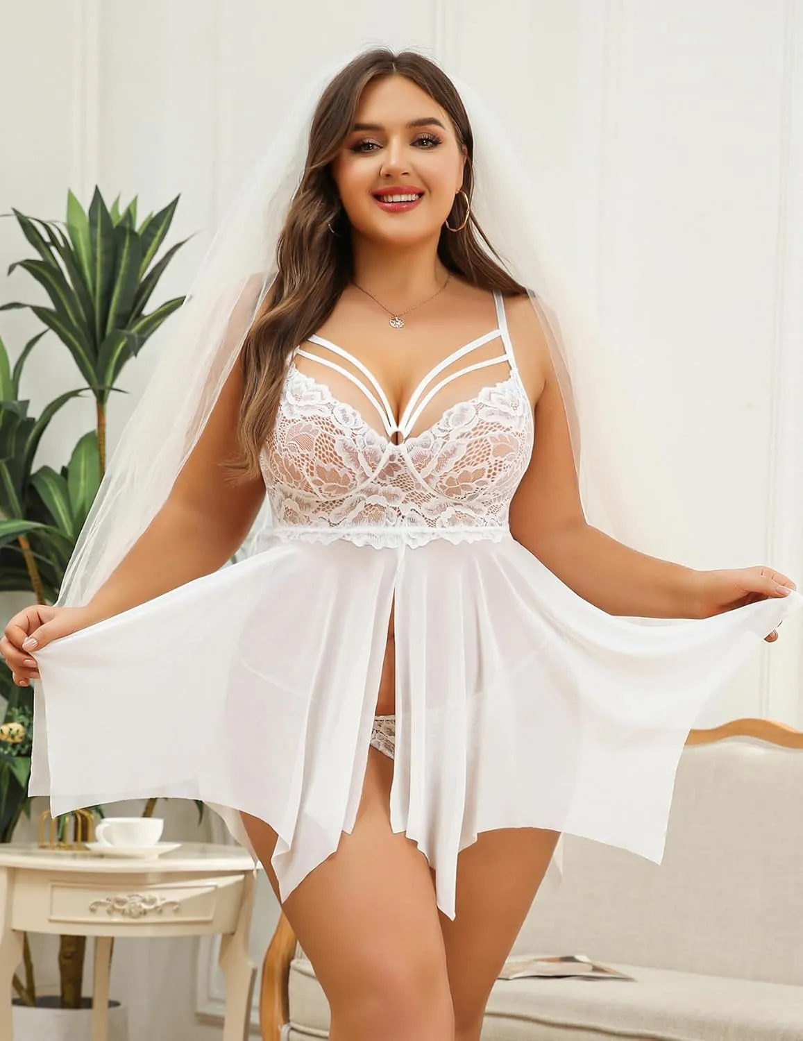 Avidlove Babydoll Lingerie for Women Strappy Nightdress Sexy Nightgowns Bridal Chemise Plus Size Lace Langeray L-4XL