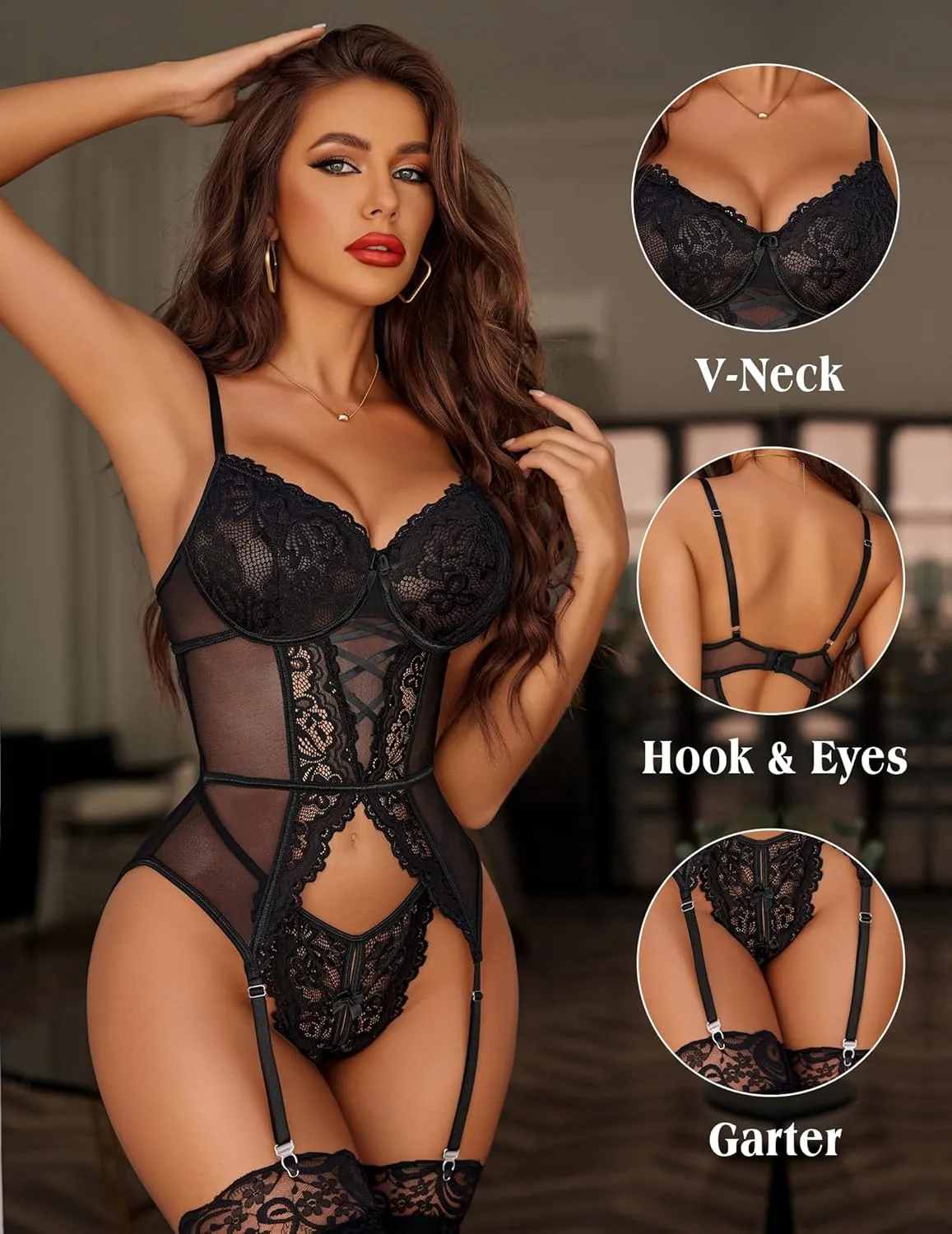 Avidlove Garter Lingerie for Women Floral Lace Babydoll Bodysuit Bra and Panty Set