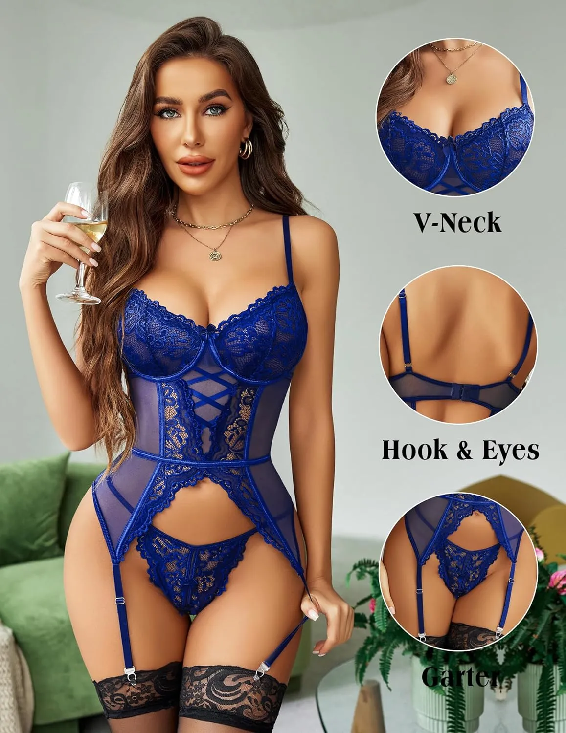 Avidlove Garter Lingerie for Women Floral Lace Babydoll Bodysuit Bra and Panty Set