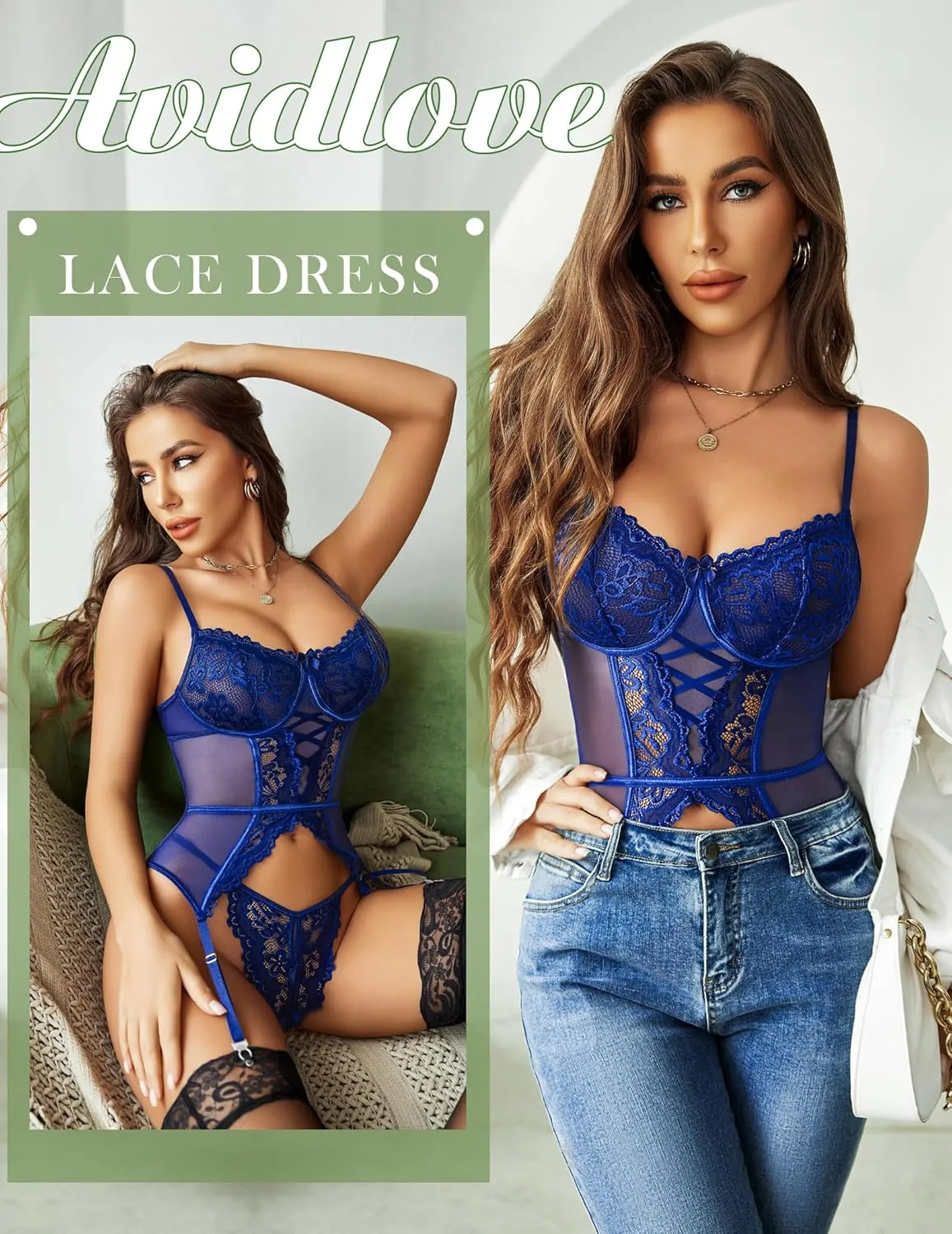 Avidlove Garter Lingerie for Women Floral Lace Babydoll Bodysuit Bra and Panty Set