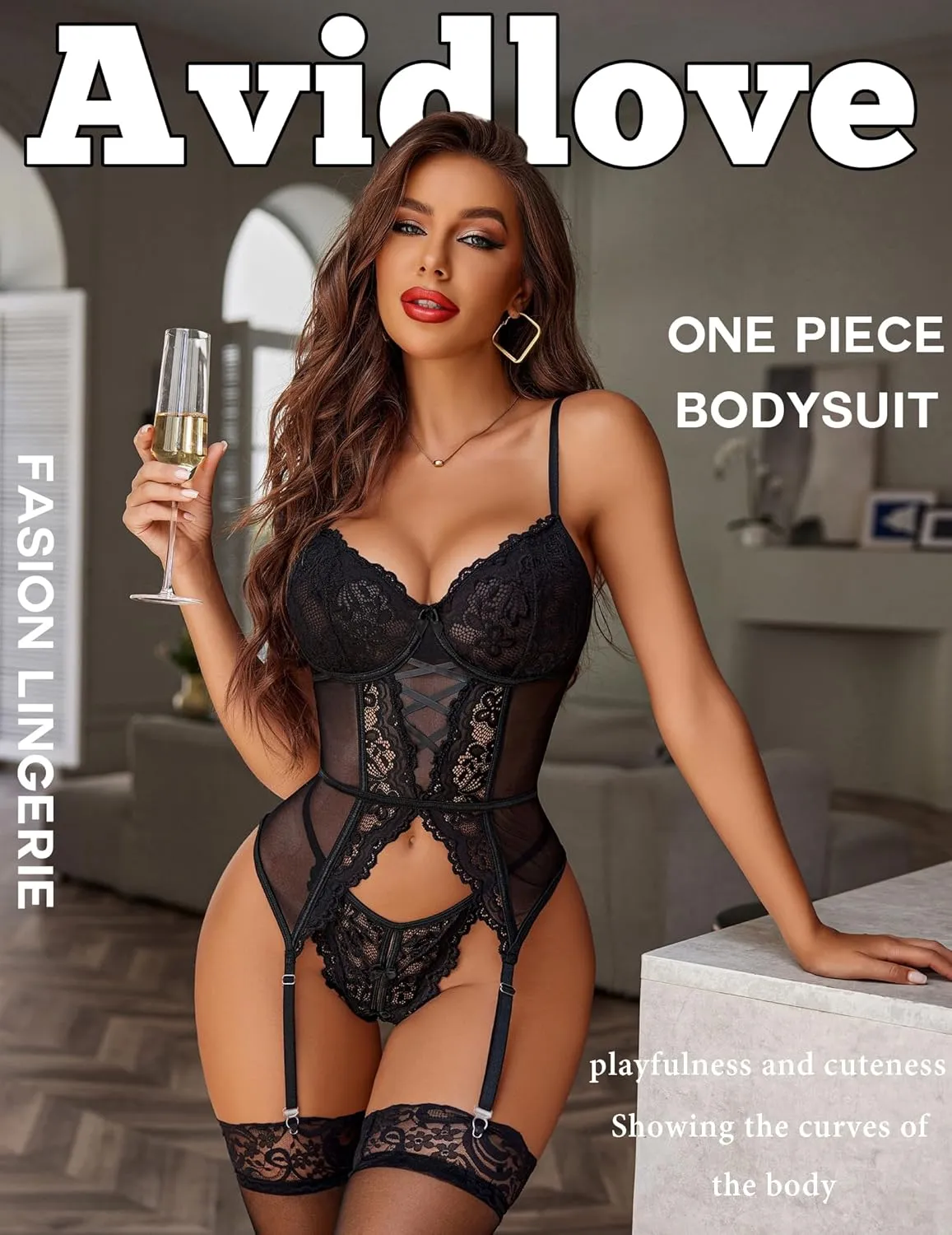 Avidlove Garter Lingerie for Women Floral Lace Babydoll Bodysuit Bra and Panty Set