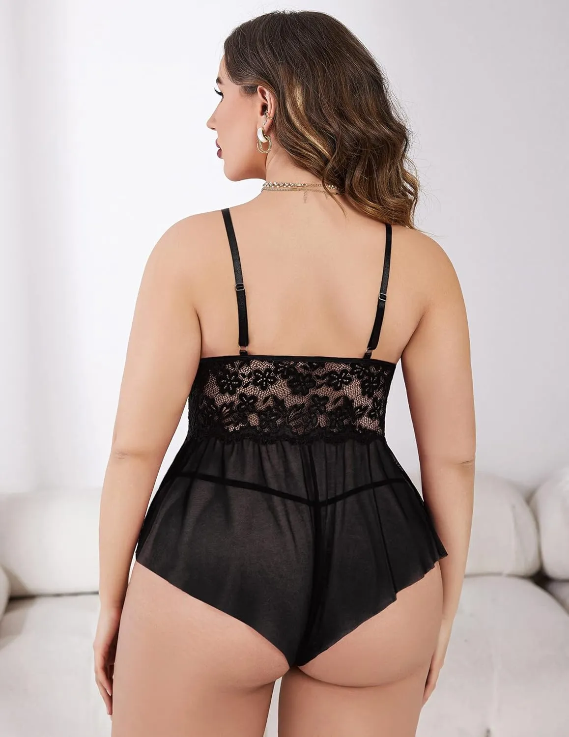 Avidlove Plus Size Lingerie for Women Lace Bodysuit One Piece Teddy Babydoll Mesh Chemise V Neck Sleepwear L-5XL