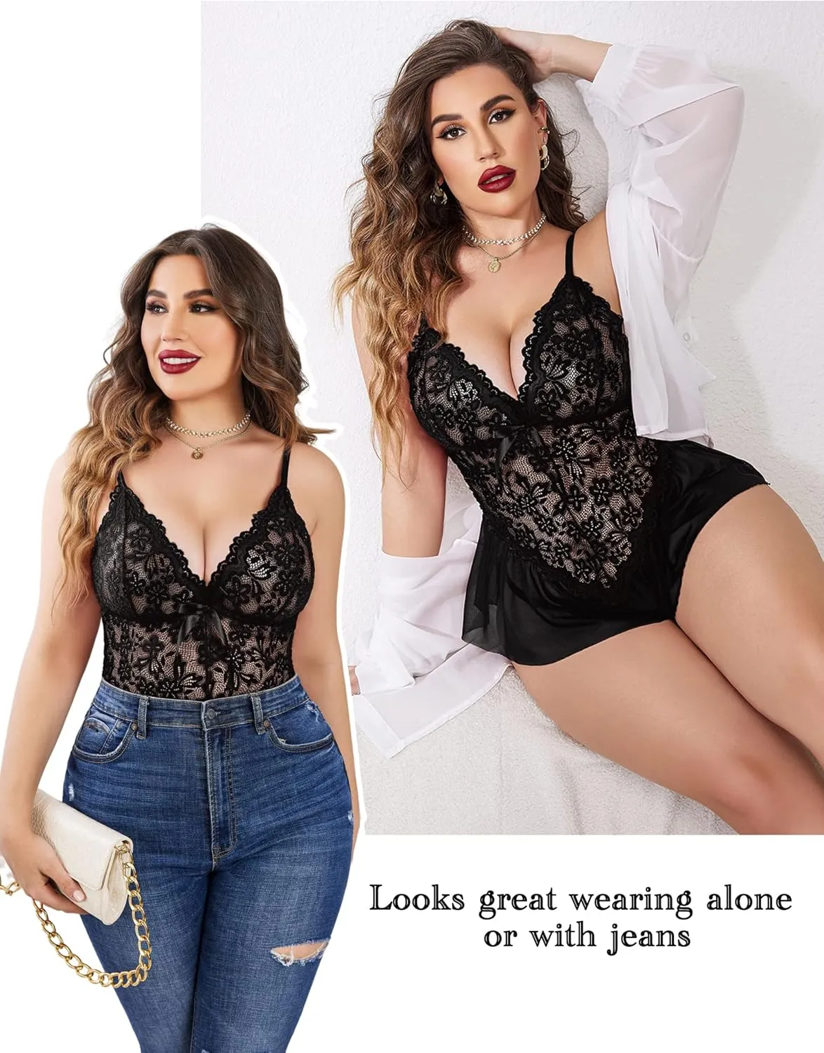 Avidlove Plus Size Lingerie for Women Lace Bodysuit One Piece Teddy Babydoll Mesh Chemise V Neck Sleepwear L-5XL