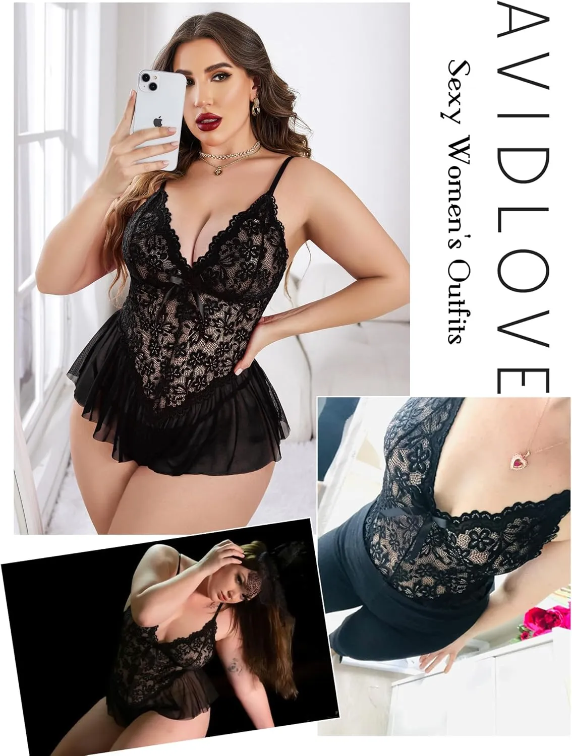Avidlove Plus Size Lingerie for Women Lace Bodysuit One Piece Teddy Babydoll Mesh Chemise V Neck Sleepwear L-5XL