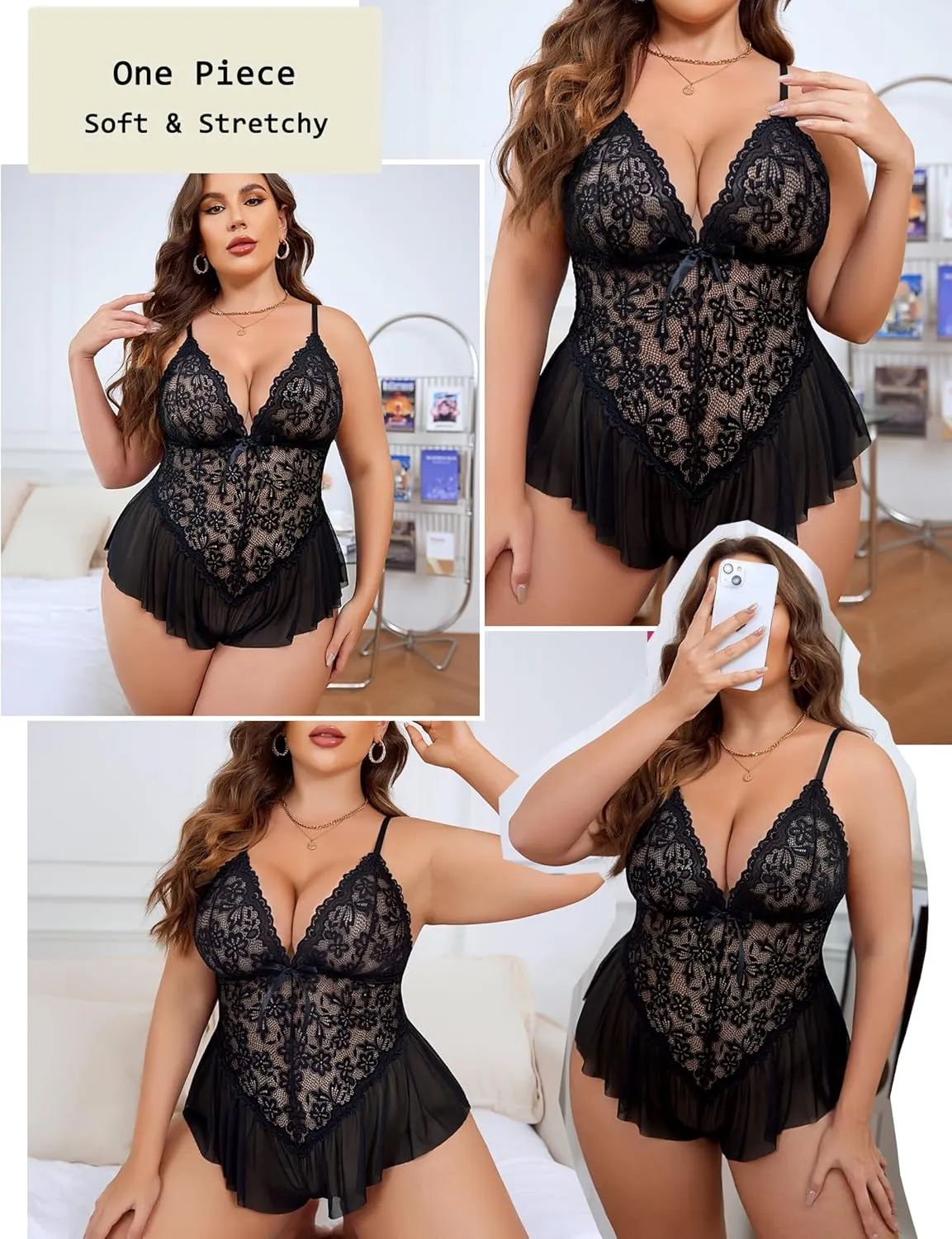 Avidlove Plus Size Lingerie for Women Lace Bodysuit One Piece Teddy Babydoll Mesh Chemise V Neck Sleepwear L-5XL