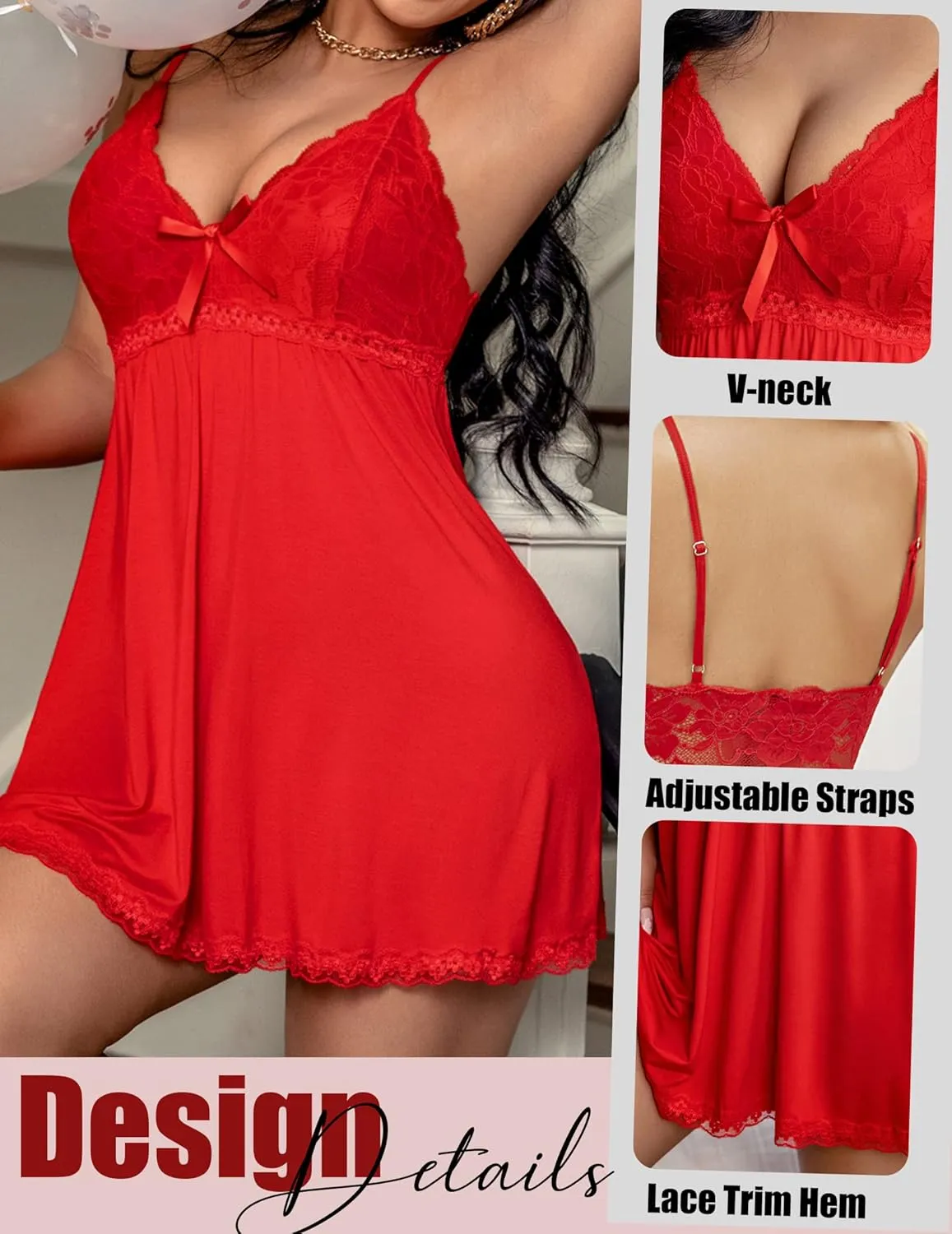 Avidlove Women Nightgown Sexy Sleepwear Lace Chemise V-neck Modal Babydoll Lounge Dress