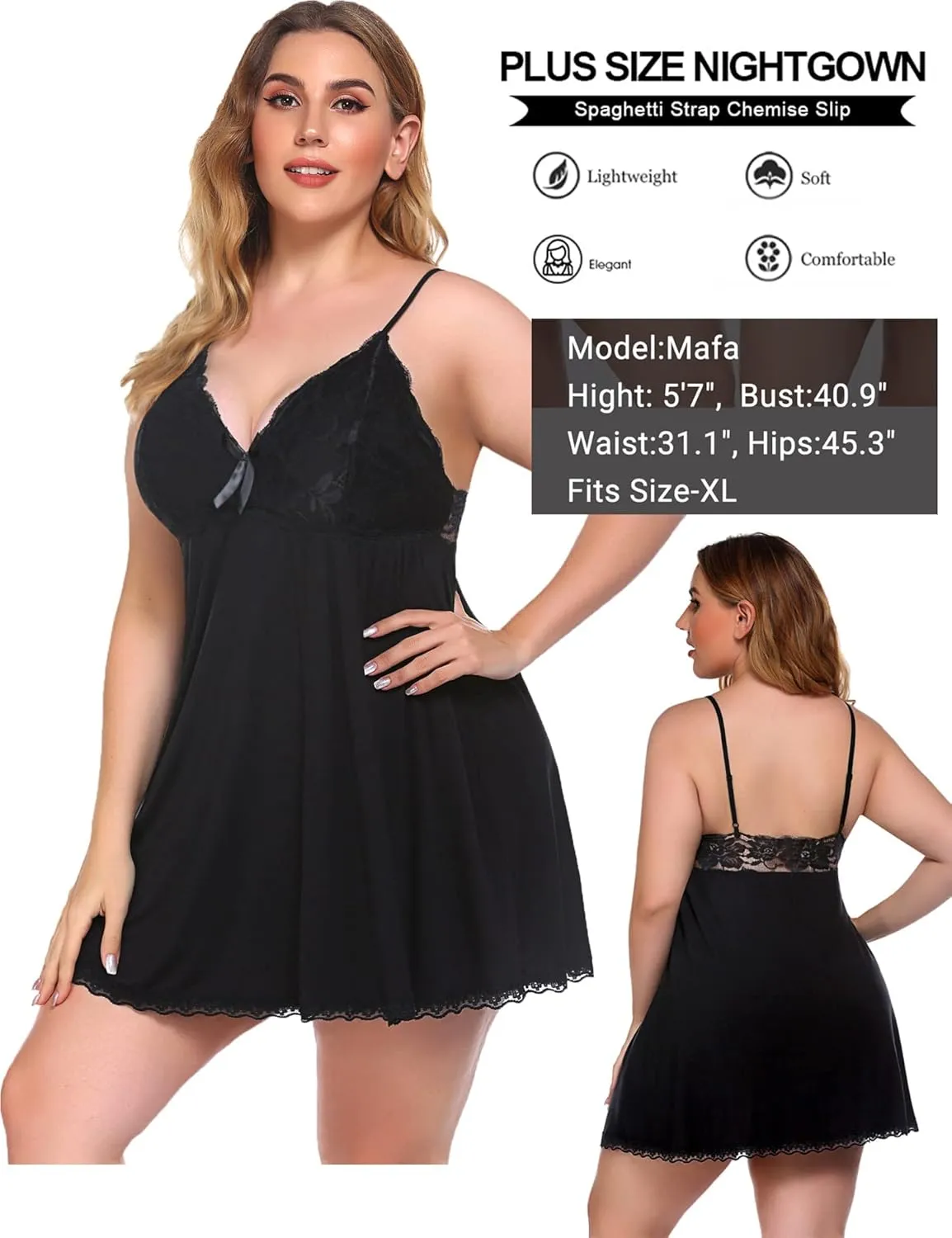 Avidlove Women Nightgown Sexy Sleepwear Lace Chemise V-neck Modal Babydoll Lounge Dress