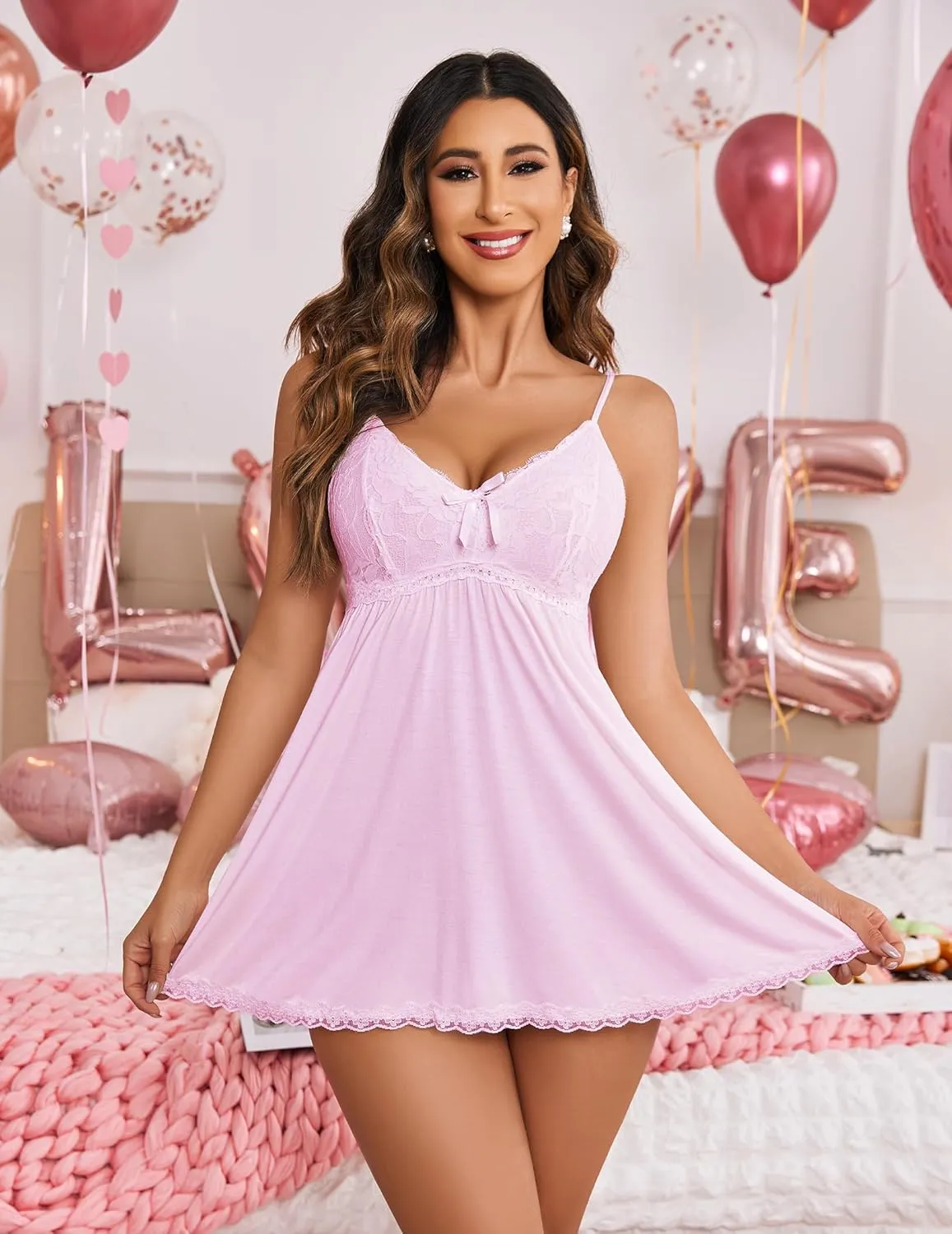 Avidlove Women Nightgown Sexy Sleepwear Lace Chemise V-neck Modal Babydoll Lounge Dress