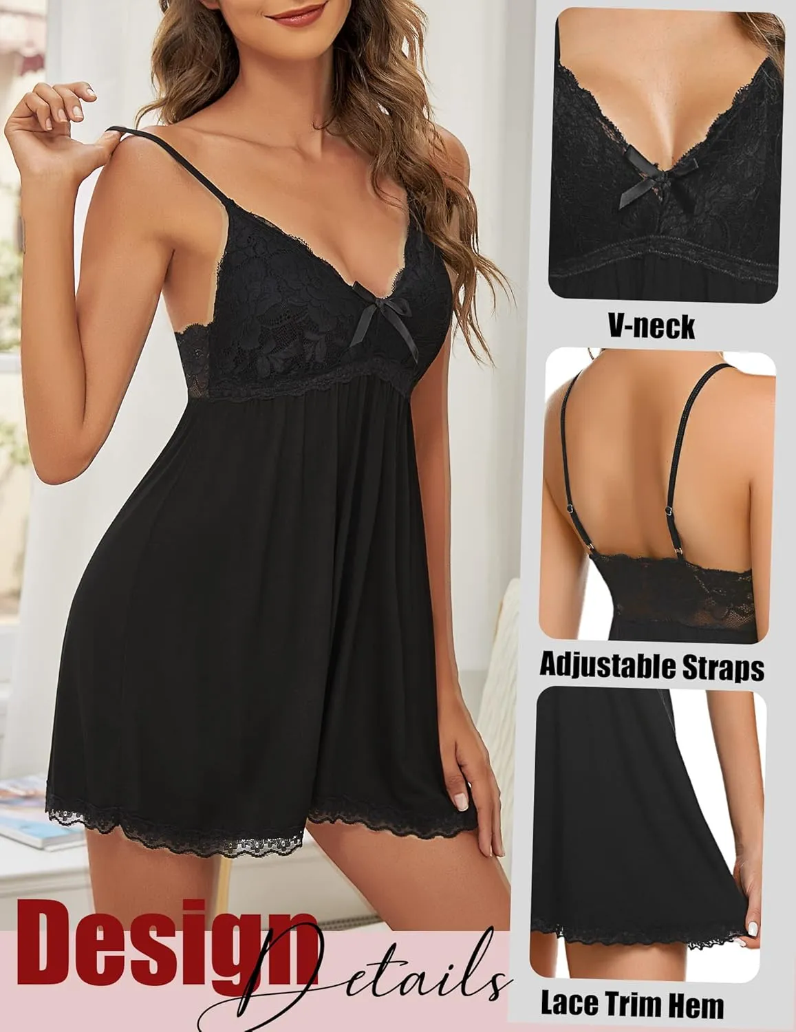 Avidlove Women Nightgown Sexy Sleepwear Lace Chemise V-neck Modal Babydoll Lounge Dress