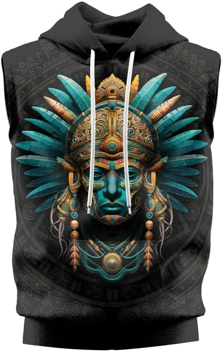 Aztec Sleeveless Hoodies for Men Gym Training Workout Hooded Tank Top Muscle Hoodies for Men