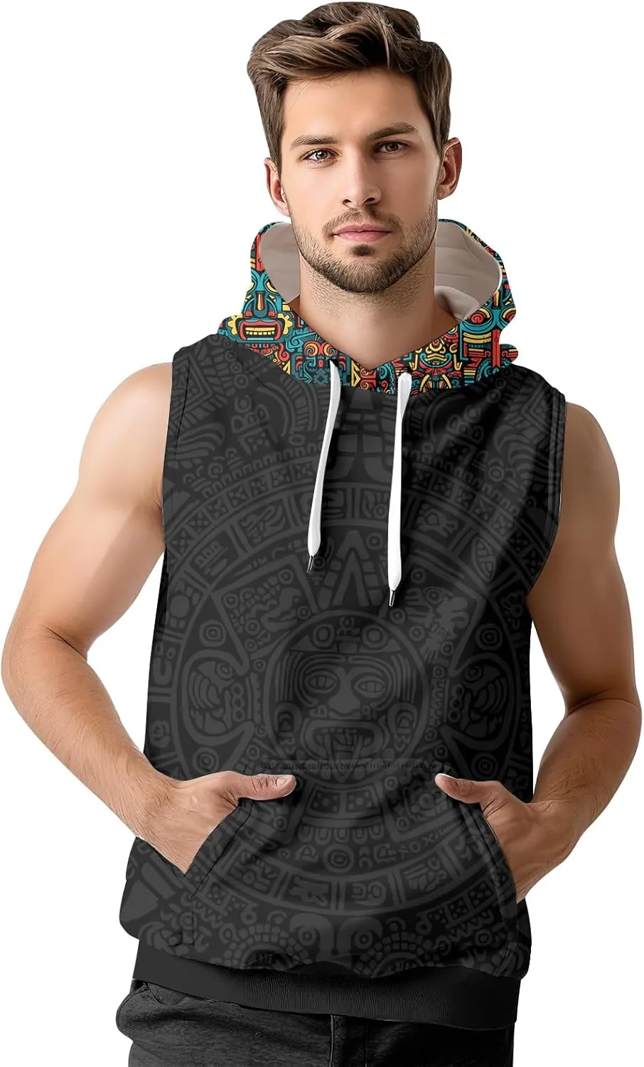 Aztec Sleeveless Hoodies for Men Gym Training Workout Hooded Tank Top Muscle Hoodies for Men