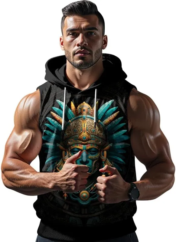 Aztec Sleeveless Hoodies for Men Gym Training Workout Hooded Tank Top Muscle Hoodies for Men