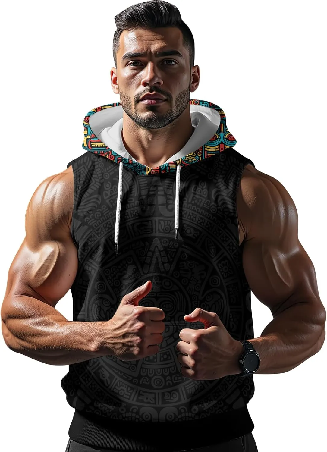 Aztec Sleeveless Hoodies for Men Gym Training Workout Hooded Tank Top Muscle Hoodies for Men