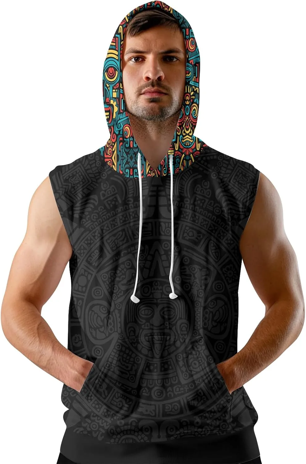 Aztec Sleeveless Hoodies for Men Gym Training Workout Hooded Tank Top Muscle Hoodies for Men