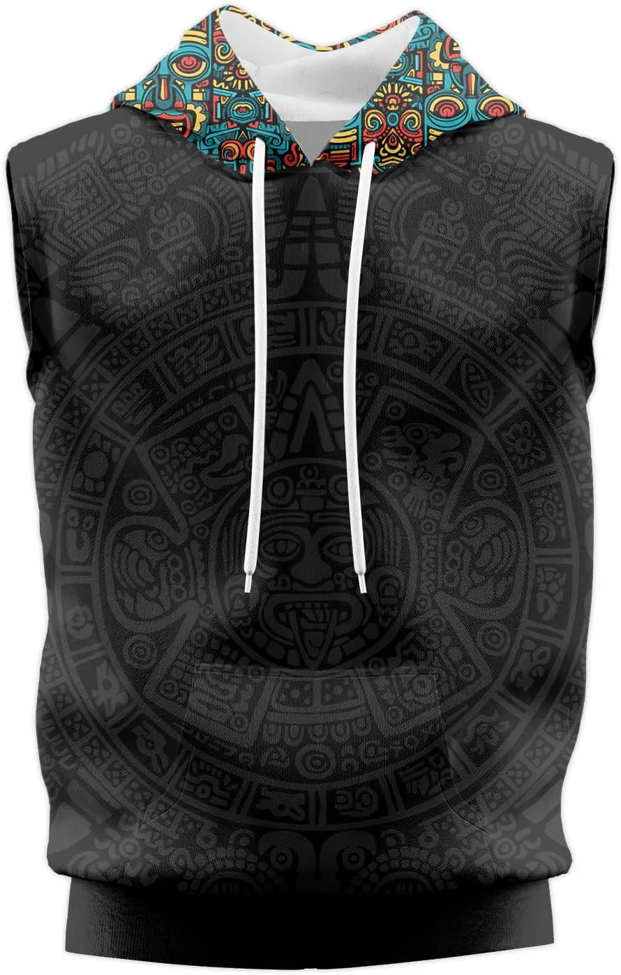 Aztec Sleeveless Hoodies for Men Gym Training Workout Hooded Tank Top Muscle Hoodies for Men