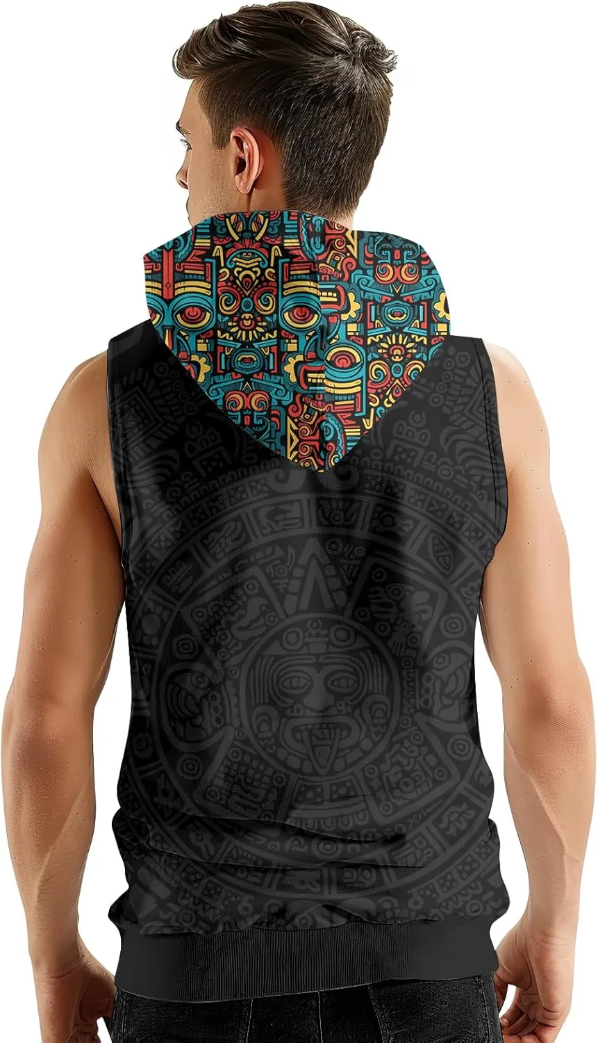 Aztec Sleeveless Hoodies for Men Gym Training Workout Hooded Tank Top Muscle Hoodies for Men