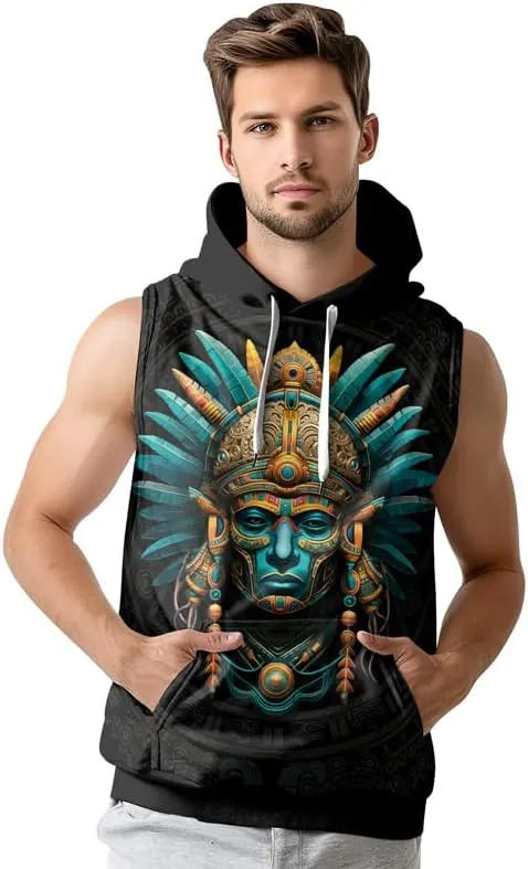 Aztec Sleeveless Hoodies for Men Gym Training Workout Hooded Tank Top Muscle Hoodies for Men