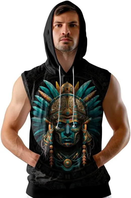 Aztec Sleeveless Hoodies for Men Gym Training Workout Hooded Tank Top Muscle Hoodies for Men