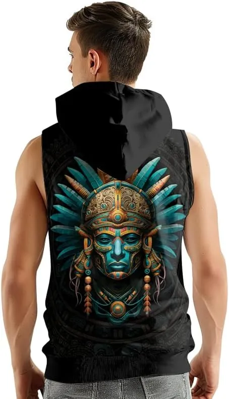 Aztec Sleeveless Hoodies for Men Gym Training Workout Hooded Tank Top Muscle Hoodies for Men
