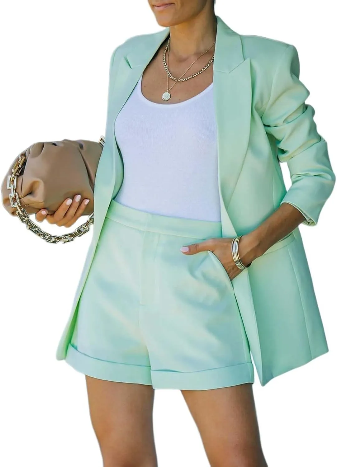 Blazer Shorts Set Women 2 Piece Outfits Long Sleeve Button Down Blazers and Shorts Business Suit Sets