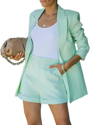 Blazer Shorts Set Women 2 Piece Outfits Long Sleeve Button Down Blazers and Shorts Business Suit Sets