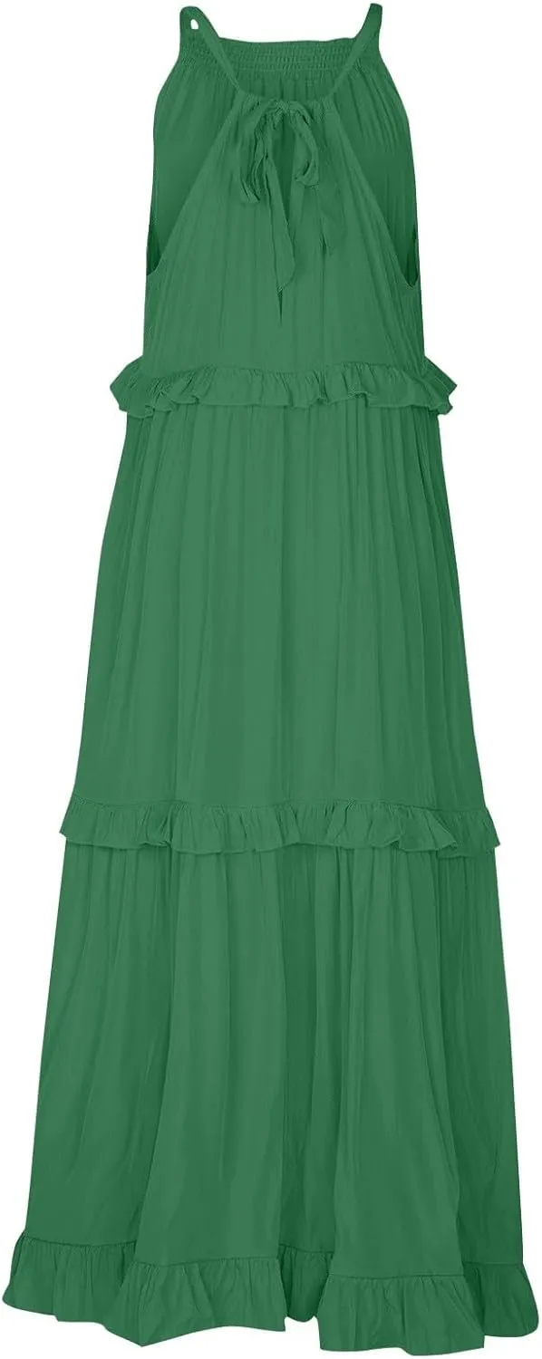 Boho Dresses for Women,2025 Summer Flowy Ruffle Tiered Swing Smocked Beach Sundress,Sleeveless Halter Maxi Dress
