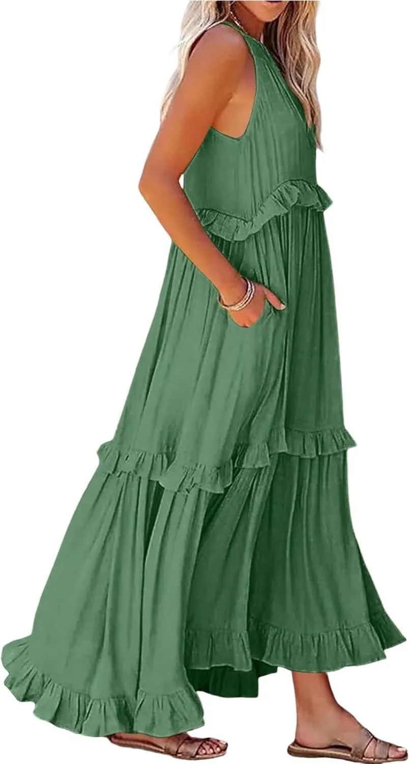 Boho Dresses for Women,2025 Summer Flowy Ruffle Tiered Swing Smocked Beach Sundress,Sleeveless Halter Maxi Dress