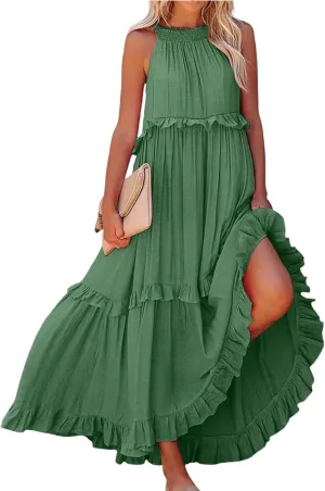 Boho Dresses for Women,2025 Summer Flowy Ruffle Tiered Swing Smocked Beach Sundress,Sleeveless Halter Maxi Dress