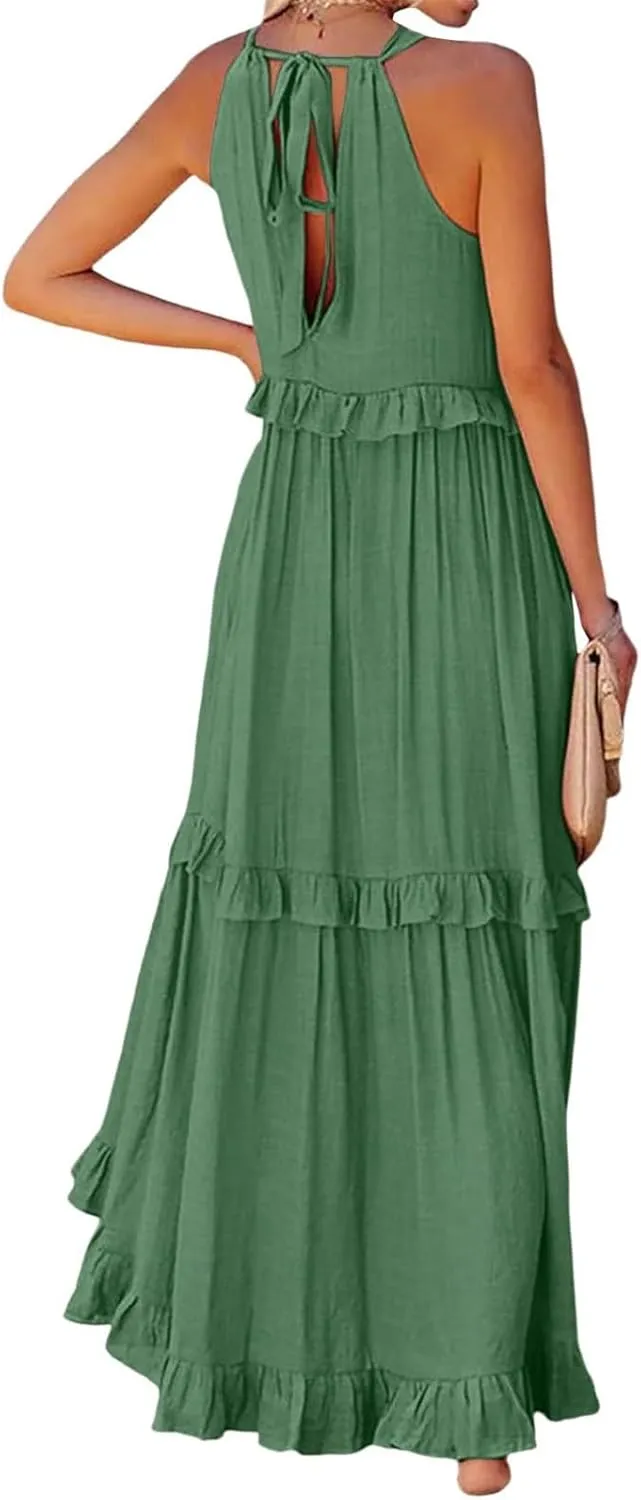 Boho Dresses for Women,2025 Summer Flowy Ruffle Tiered Swing Smocked Beach Sundress,Sleeveless Halter Maxi Dress