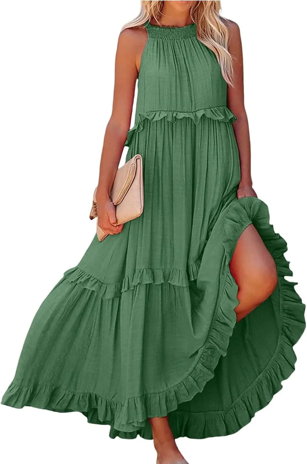 Boho Dresses for Women,2025 Summer Flowy Ruffle Tiered Swing Smocked Beach Sundress,Sleeveless Halter Maxi Dress