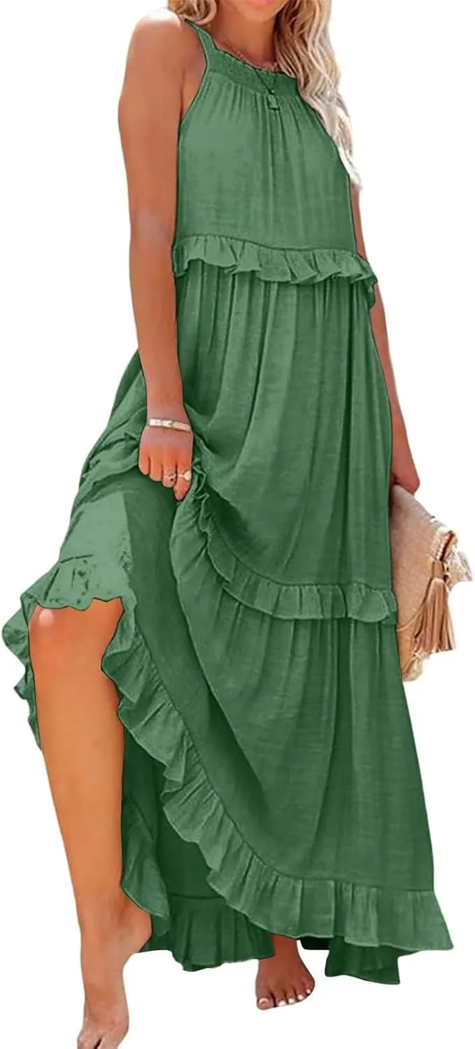 Boho Dresses for Women,2025 Summer Flowy Ruffle Tiered Swing Smocked Beach Sundress,Sleeveless Halter Maxi Dress