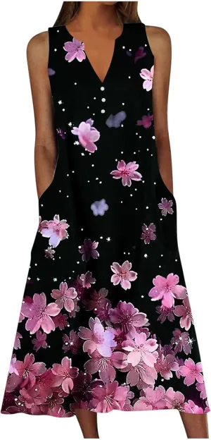 Boho Dresses for Women's 2025 Sundress Plus Loose V Neck Sleeveless Dress Trendy Summer Floral Print Swimsuit Coverups