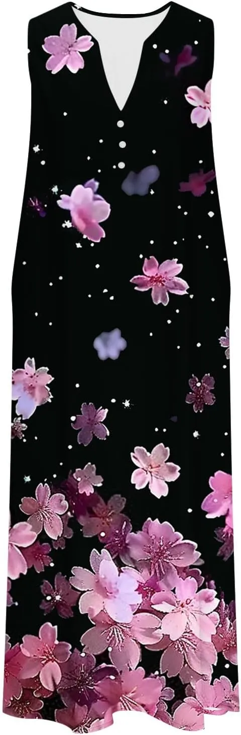 Boho Dresses for Women's 2025 Sundress Plus Loose V Neck Sleeveless Dress Trendy Summer Floral Print Swimsuit Coverups
