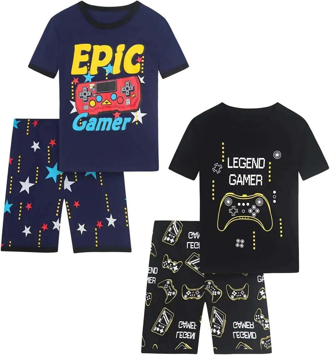 Boys Pajama Set, 4-Piece Cotton Pajamas Short Summer PJs Kids Sleepwear