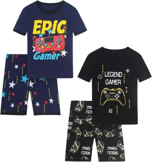 Boys Pajama Set, 4-Piece Cotton Pajamas Short Summer PJs Kids Sleepwear
