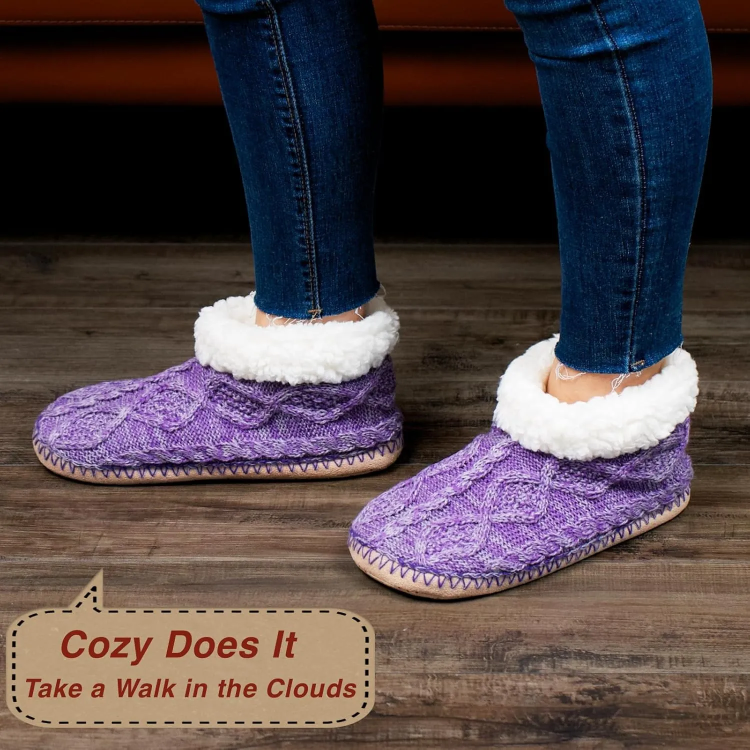 Cable Knit House Slippers for Women Indoor, Sherpa Fleece Lined Soft Loafer Shoes, Winter Warm Fluffy Bedroom Fuzzy Socks Non-slip Grippers, Cozy Gifts Unique